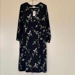 J. Jill Black and Green Leaf Print Midi Dress
